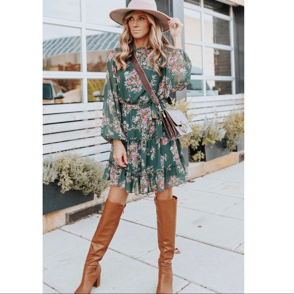 Boho Green Floral Print Ruffle Mini Dress